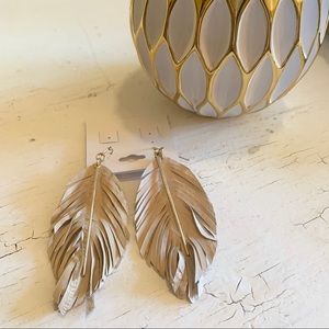 Beautiful Tan Feather Earrings with Gold Bar